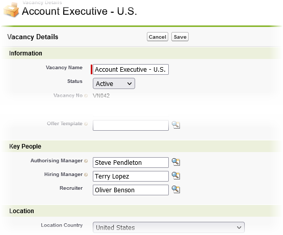 Screenshot showing a sample vacancy details edit page with populated key people fields